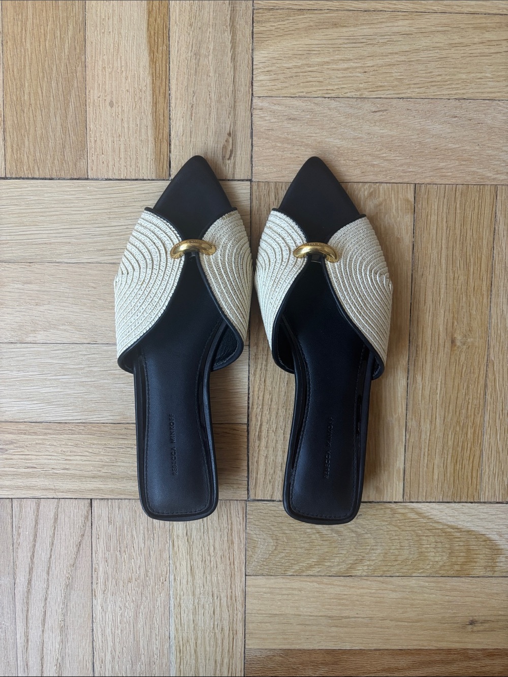 Black and Cream Pointed Toe Slide Mules with Gold Accent